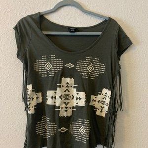 Forest green tribal shirt with fringe